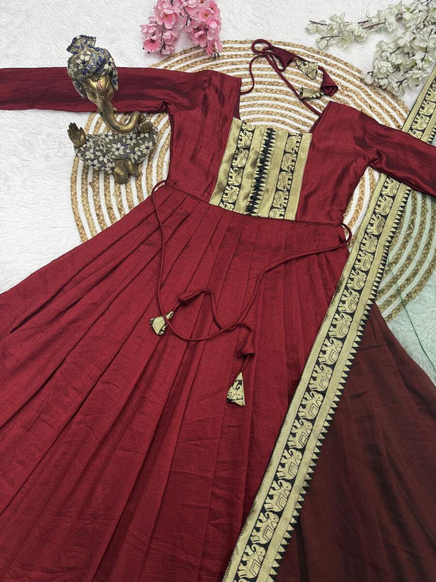 NEW ARRIVAL VICHITRA SILK JACQUARD WEAVING ZARI BORDER WORK ANARKALI WITH DUPATTA FESTIVE WEAR WHOLESALE PRICE ETHNIC GARMENT (2)