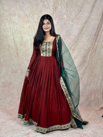 NEW ARRIVAL VICHITRA SILK JACQUARD WEAVING ZARI BORDER WORK ANARKALI WITH DUPATTA MAROON