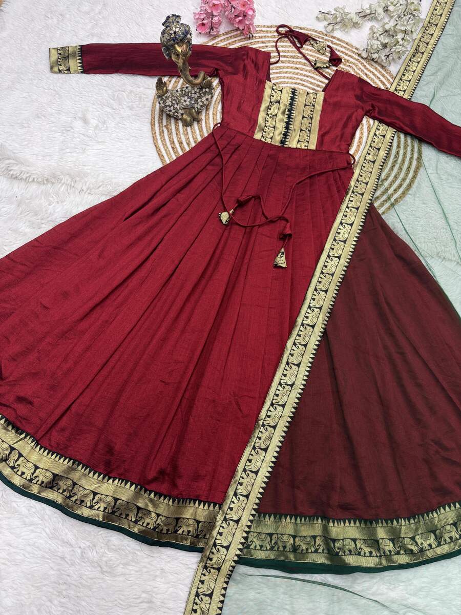 NEW ARRIVAL VICHITRA SILK JACQUARD WEAVING ZARI BORDER WORK ANARKALI WITH DUPATTA FESTIVE WEAR WHOLESALE PRICE ETHNIC GARMENT (9)