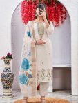 NEW ARRIVAL VISCOSE BLEND SEQUENCE CODING EMBROIDERY WORK & AARI HAND WORK TOP BOTTOM WITH DUPATTA WHITE