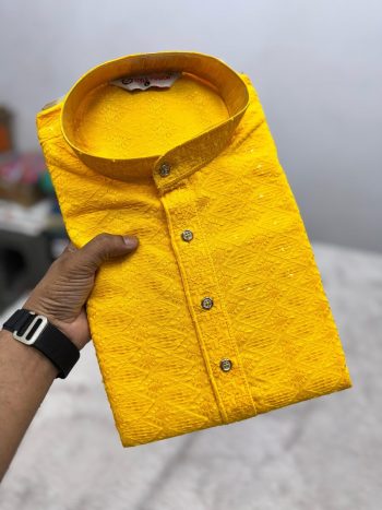 NEW ARRIVAL VISCOSE RAYON CHIKANKARI SEQUENCE  AND THREAD EMBROIDERY WORK MEN'S KURTA PAYAJAMA YELLOW