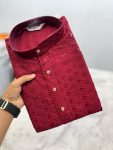 NEW ARRIVAL VISCOSE RAYON CHIKANKARI SEQUENCE  AND THREAD EMBROIDERY WORK MEN'S KURTA PAYAJAMA MAROON