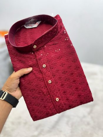 NEW ARRIVAL VISCOSE RAYON CHIKANKARI SEQUENCE  AND THREAD EMBROIDERY WORK MEN'S KURTA PAYAJAMA MAROON
