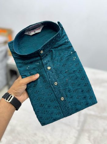 NEW ARRIVAL VISCOSE RAYON CHIKANKARI SEQUENCE  AND THREAD EMBROIDERY WORK MEN'S KURTA PAYAJAMA MORPANKH