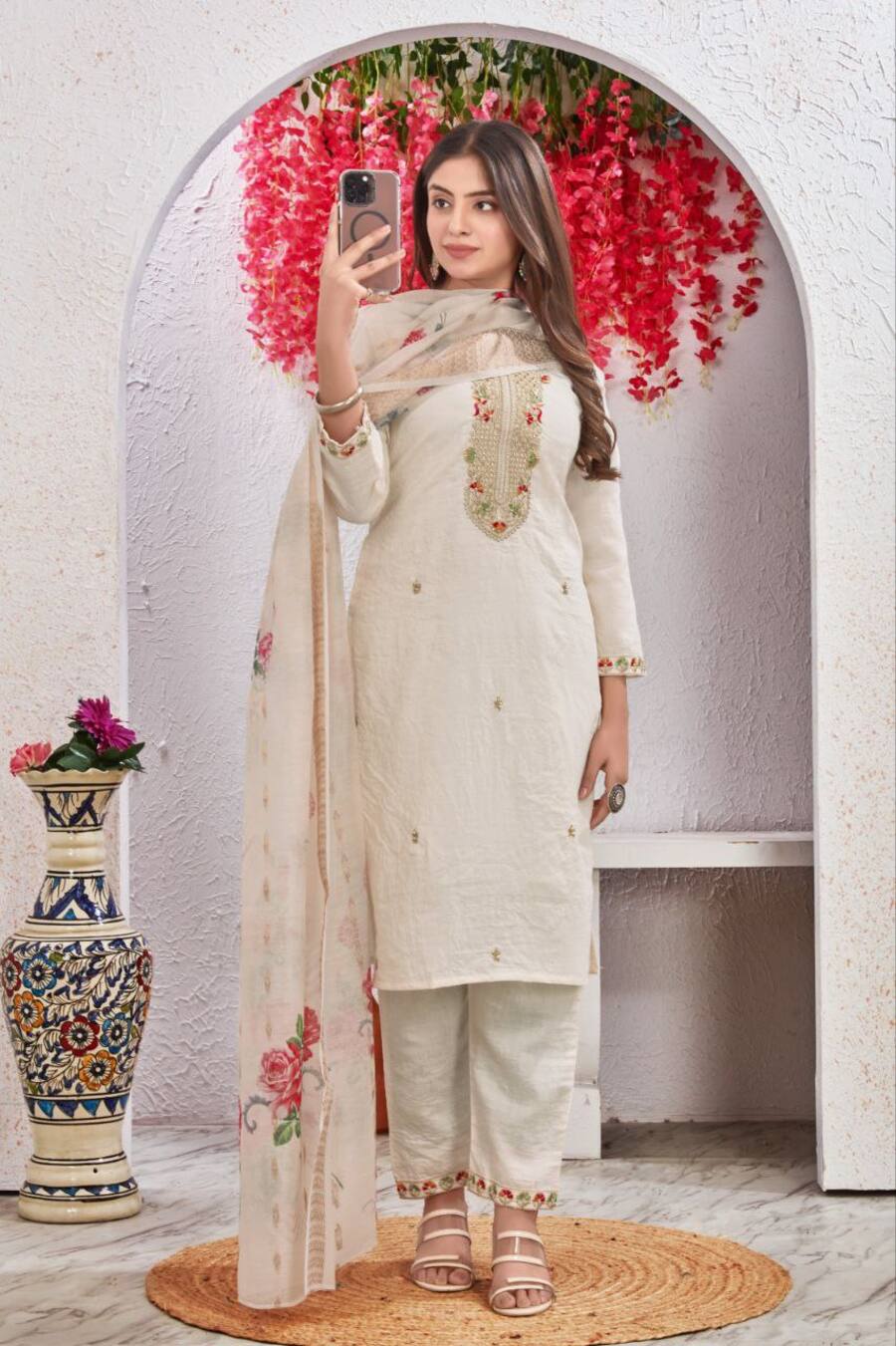 NEW ARRIVAL VISCOSE SEQUENCE CODING EMBROIDERY & AARI HANDWORK TOP BOTTOM WITH DUPATTA OFFICE WEAR WHOLESALE PRICE ETHNIC GARMENT (1)