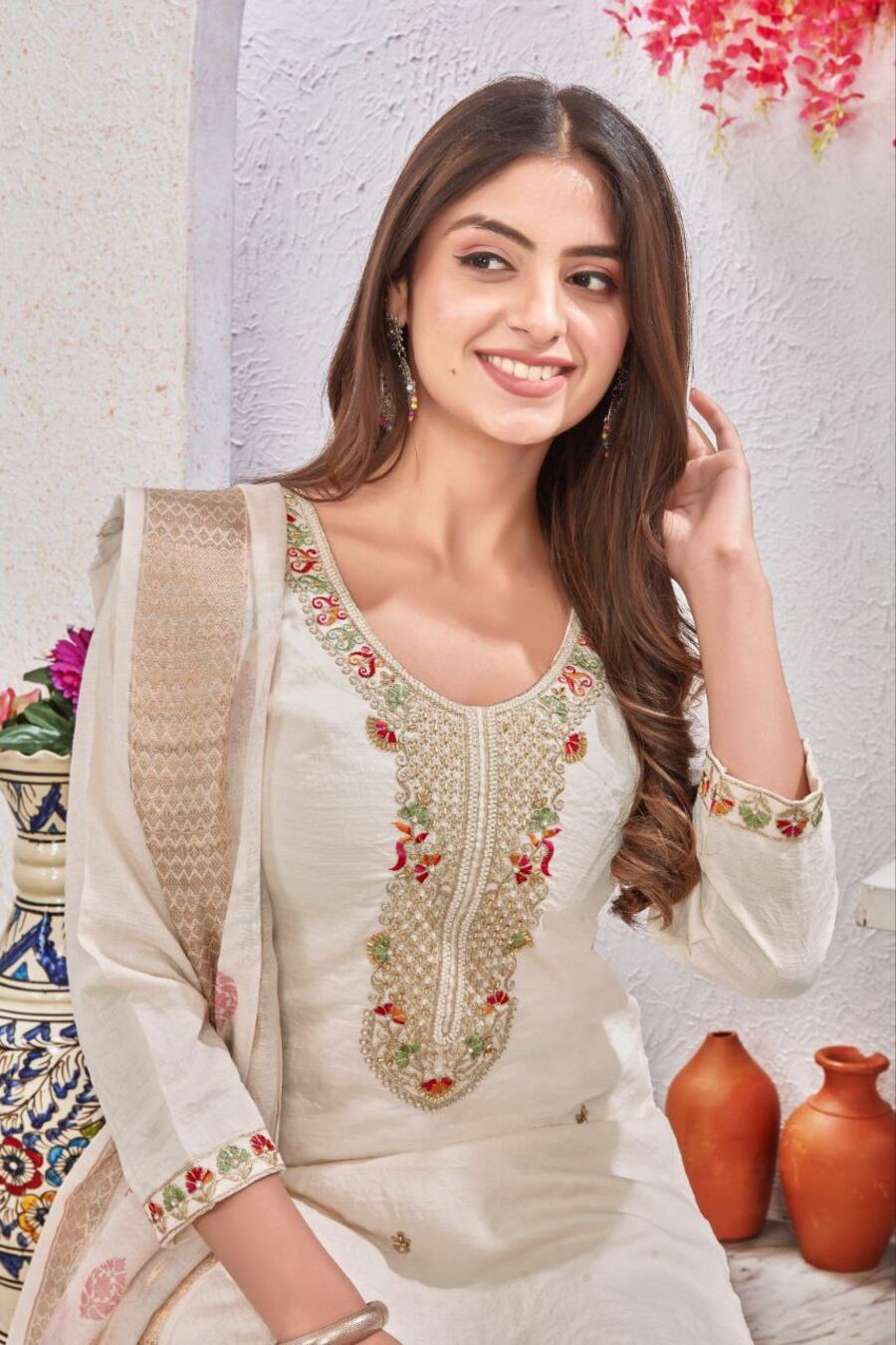 NEW ARRIVAL VISCOSE SEQUENCE CODING EMBROIDERY & AARI HANDWORK TOP BOTTOM WITH DUPATTA OFFICE WEAR WHOLESALE PRICE ETHNIC GARMENT (3)