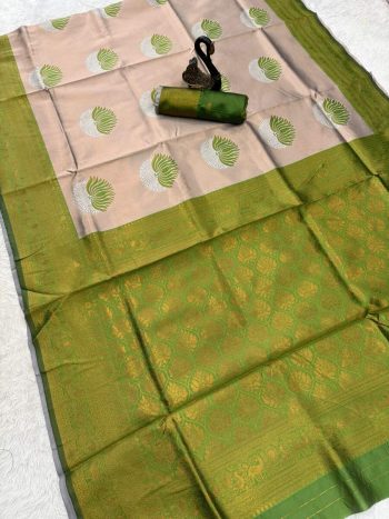 RICH LOOK BANARASI SILK FLOWERS AND MINA DESIGN AND ZARI WEAVING WORK SAREE WITH UNSTITCHED BLOUSE GREEN