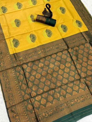 RICH LOOK BANARASI SILK FLOWERS AND MINA DESIGN AND ZARI WEAVING WORK SAREE WITH UNSTITCHED BLOUSE YELLOW