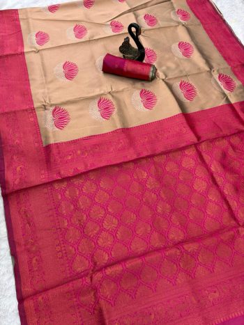 RICH LOOK BANARASI SILK FLOWERS AND MINA DESIGN AND ZARI WEAVING WORK SAREE WITH UNSTITCHED BLOUSE PINK
