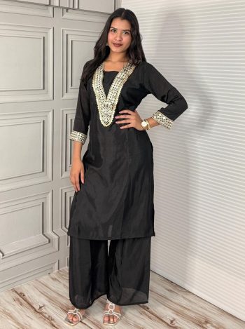 RICH LOOK CHINON SILK CODING EMBROIDERY & ORIGINAL MIRROR & LACE WORK TOP PALAZZO BLACK