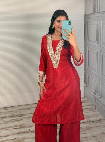 RICH LOOK CHINON SILK CODING EMBROIDERY & ORIGINAL MIRROR & LACE WORK TOP PALAZZO RED