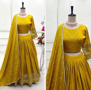 RICH LOOK CHINON SILK EMBROIDERY SEQUENCE WORK LEHENGA CHOLI WITH DUPATTA YELLOW