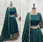 RICH LOOK CHINON SILK EMBROIDERY SEQUENCE WORK LEHENGA CHOLI WITH DUPATTA GREEN