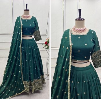 RICH LOOK CHINON SILK EMBROIDERY SEQUENCE WORK LEHENGA CHOLI WITH DUPATTA GREEN
