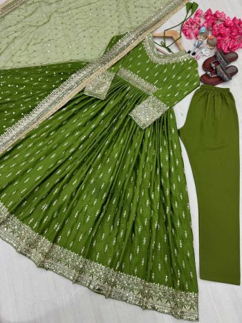 RICH LOOK CHINON SILK EMBROIDERY SEQUENEC WORK GOWN BOTTOM WITH DUPATTA GREEN