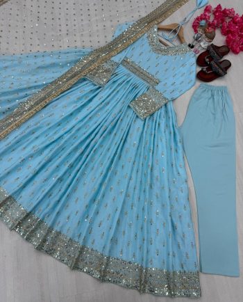 RICH LOOK CHINON SILK EMBROIDERY SEQUENEC WORK GOWN BOTTOM WITH DUPATTA SKY
