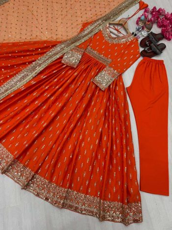 RICH LOOK CHINON SILK EMBROIDERY SEQUENEC WORK GOWN BOTTOM WITH DUPATTA ORANGE