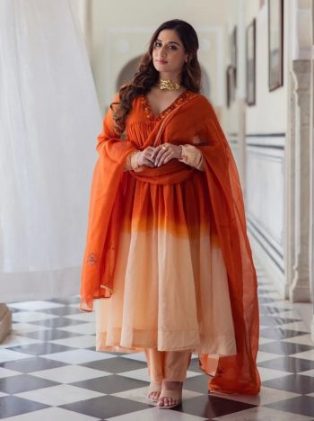 RICH LOOK CHINON SILK EMBROIDERY WORK WITH PRINTED WORK ALIA CUT GOWN BOTTOM WITH DUPATTA ORANGE