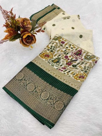 RICH LOOK DOLA SILK PRINT WITH JACQUARD BORDER WORK SAREE WITH UNSTITCHED BLOUSE GREEN