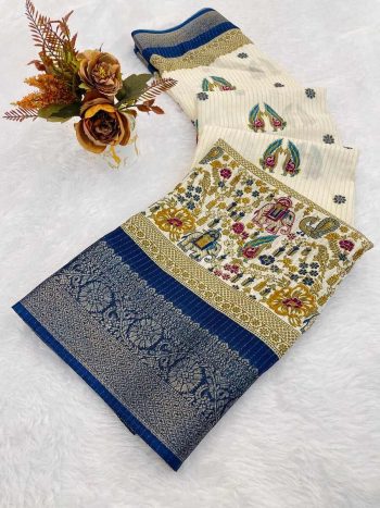 RICH LOOK DOLA SILK PRINT WITH JACQUARD BORDER WORK SAREE WITH UNSTITCHED BLOUSE BLUE
