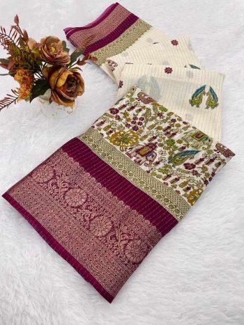 RICH LOOK DOLA SILK PRINT WITH JACQUARD BORDER WORK SAREE WITH UNSTITCHED BLOUSE WINE