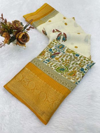 RICH LOOK DOLA SILK PRINT WITH JACQUARD BORDER WORK SAREE WITH UNSTITCHED BLOUSE YELLOW