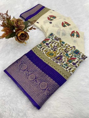 RICH LOOK DOLA SILK PRINT WITH JACQUARD BORDER WORK SAREE WITH UNSTITCHED BLOUSE PURPLE