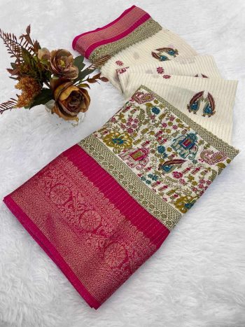 RICH LOOK DOLA SILK PRINT WITH JACQUARD BORDER WORK SAREE WITH UNSTITCHED BLOUSE RANI