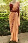 RICH LOOK DOLA SILK THREAD & STONE BORDER WORK SAREE WITH UNSTITCHED BLOUSE CREAM