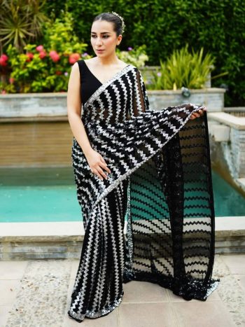 RICH LOOK EMBROIDERY SEQUENCE WORK WITH SEQUENCE LACE WORK SAREE WITH UNSTITCHED BLOUSE BLACK