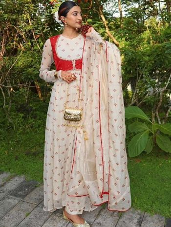 RICH LOOK FAUX GEORGETTE FLOWER PRINTS WORK GOWN KOTI WITH DUPATTA OFF WHITE