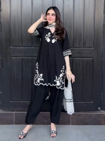 RICH LOOK GEORGETTE EMBROIDERY WORK TOP PATIYALA WITH DUPATTA  BLACK