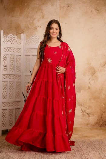 RICH LOOK GEORGETTE LAYER FRILL WORK GOWN WITH EMBROIDERY AND LACE BORDER WORK DUPATTA RANI