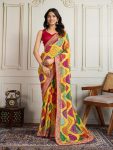 RICH LOOK GEORGETTE RAJWADI BANDHEJ PRINT WITH EMBROIDERY WORK SAREE WITH UNSTITCHED BLOUSE YELLOW