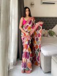 RICH LOOK GEORGETTE RAJWADI BANDHEJ PRINT WITH EMBROIDERY WORK SAREE WITH UNSTITCHED BLOUSE MULTI