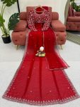 RICH LOOK GEORGETTE THREAD & SEQUENCE WORK WITH PEARL WORK SAREE AND UNSTITCHED BLOUSE WITH DUPATTA BRIDAL WEAR WHOLESALE PRICE ETHNIC GARMENT (3)