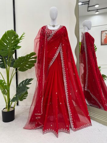 RICH LOOK GEORGETTE THREAD & SEQUENCE WORK WITH PEARL WORK SAREE AND UNSTITCHED BLOUSE WITH DUPATTA RED