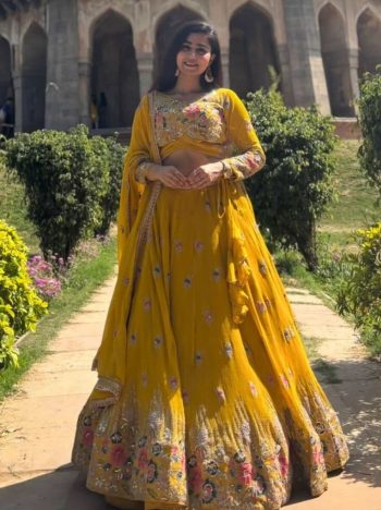 RICH LOOK GEORGETTE THREAD WITH SEQUENCE AND CODING DORI WORK LEHENGA CHOLI WITH DUPATTA YELLOW