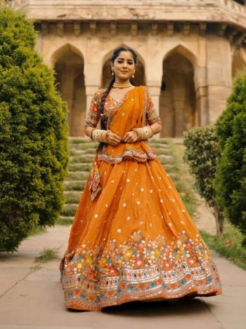 RICH LOOK GEORGETTE THREAD WITH SEQUENCE WORK LEHENGA CHOLI WITH DUPATTA MUSTARD