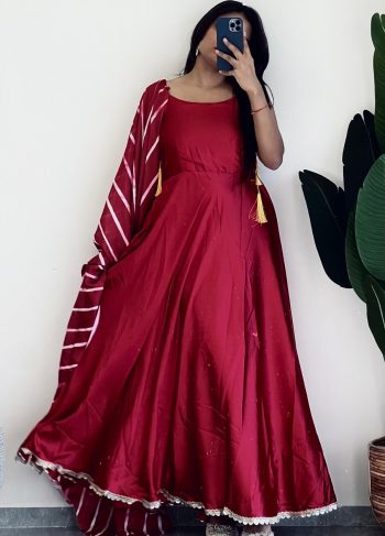 RICH LOOK JAPAN SILK FANCY LACE BORDER WORK ANARKALI GOWN WITH DUPATTA MAROON