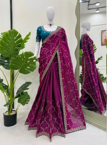 RICH LOOK JIMMY CHOOO THREAD AND SEQUENCE WORK SAREE WITH UNSTITCHED BLOUSE PURPLE