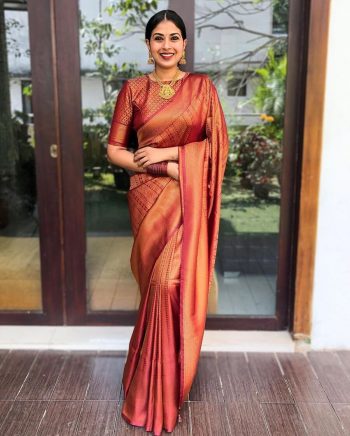 RICH LOOK LICHI SILK JACQUARD WORK SAREE WITH UNSTITCHED BLOUSE WINE
