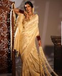 RICH LOOK LICHI SILK JACQUARD WORK SAREE WITH UNSTITCHED BLOUSE CREAM