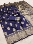 RICH LOOK LICHI SILK WEAVING WORK BANARASI SAREE WITH UNSTITCHED BLOUSE NAVY BLUE