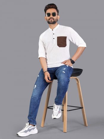 RICH LOOK LINEN HAND-WOVEN DESIGNS MEN'S SHORT KURTA WHITE