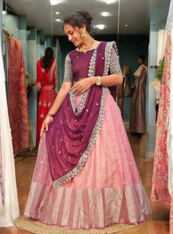 RICH LOOK NYLON ORGANZA SILK ZARI EMBROIDERY MIRROR WORK LEHENGA CHOLI WITH DUPATTA BABY PINK