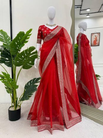 RICH LOOK ORGANZA SILK THREAD AND SEQUENCE WORK WITH LCD DIAMOND WORK SAREE WITH UNSTITCHED BLOUSE RED