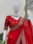 RICH LOOK ORGANZA SILK THREAD AND SEQUENCE WORK WITH LCD DIAMOND WORK SAREE WITH UNSTITCHED BLOUSE PARTY WEAR WHOLESALE PRICE ETHNIC GARMENT (10)