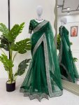 RICH LOOK ORGANZA SILK THREAD AND SEQUENCE WORK WITH LCD DIAMOND WORK SAREE WITH UNSTITCHED BLOUSE GREEN