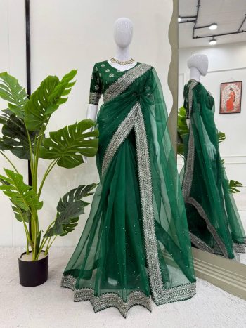 RICH LOOK ORGANZA SILK THREAD AND SEQUENCE WORK WITH LCD DIAMOND WORK SAREE WITH UNSTITCHED BLOUSE GREEN
